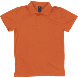 An orange polo shirt with a collar and short sleeves, featuring a logo on the neckline.