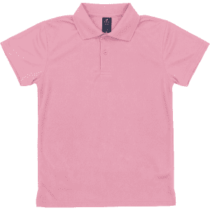 A pink youth polo shirt with a collar and buttons, featuring a logo on the label.