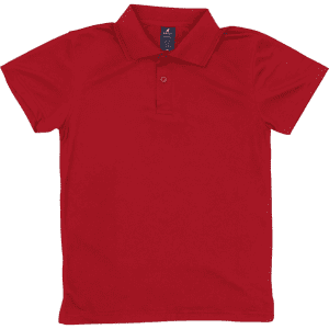 A red youth polo shirt with a classic collar and short sleeves, featuring a logo on the label.
