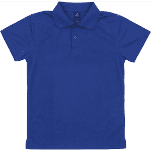 A blue youth polo shirt with a classic collar and a small branding logo on the label.