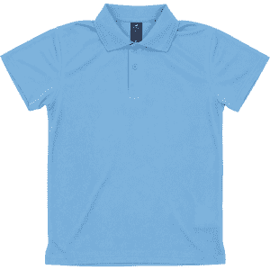 A light blue polo shirt with a classic collar and a logo on the label.
