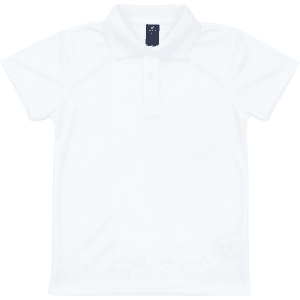 A white polo shirt featuring a collar and short sleeves, with a logo on the label.