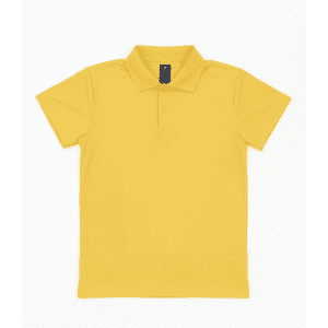 A yellow polo shirt with a collar, featuring a tag and a logo on the label.