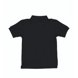 A black youth polo shirt featuring a collar and short sleeves, displaying a branding logo on the front.