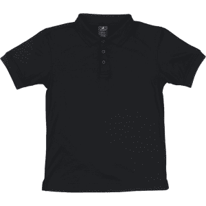 A black polo shirt with a collar and three buttons, featuring a logo on the label.