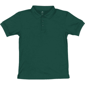 A youth polo shirt in dark green, featuring a collared neckline and button placket. It has a branded logo.