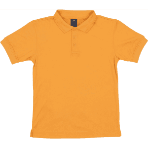 An orange youth polo shirt with a collar, short sleeves, and a logo on the label.