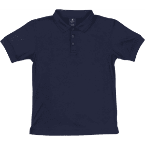 A navy blue youth polo shirt featuring a traditional collar and button placket, with a branding logo.
