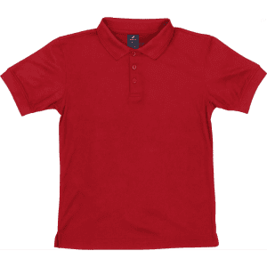 A red polo shirt with a collar and three buttons, featuring a small logo on the upper left.
