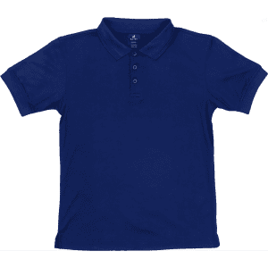 A navy blue youth polo shirt featuring a classic collar and three buttons, with a logo on the label.