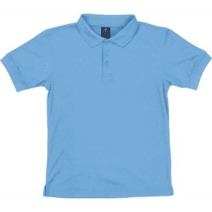 A light blue youth polo shirt with a collar and three buttons, featuring a logo on the neck.