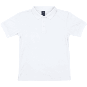 A white polo shirt featuring a collar and a four-button placket, with a logo on the chest area.