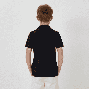 A black polo shirt designed for youth, featuring short sleeves and a simple back design. The garment has a branding logo.