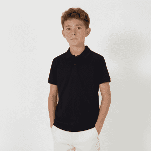 A youth polo shirt in black, styled with a collar and short sleeves, featuring a logo on the chest.