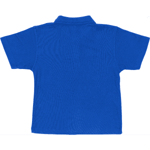 A blue short-sleeved polo shirt featuring a collar and a branding logo on the back.
