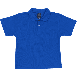 A blue polo shirt with a collar and two buttons, featuring a small logo at the neckline.