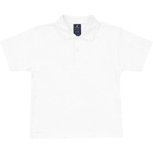 A white youth polo shirt with a collar and a logo on the label.