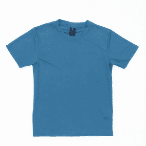 A blue Youth Core Tee with a round neckline and short sleeves, featuring a label inside.