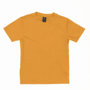 A yellow youth tee displayed flat, featuring a simple design and a logo on the tag.