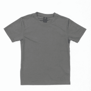 A grey Youth Core Tee displayed flat. The shirt has a simple design and features a branding label inside.