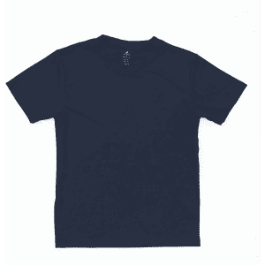 A navy youth t-shirt with a simple design and a logo on the label.