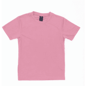 A pink youth core tee featuring a round neck and short sleeves, complete with a brand logo on the label.