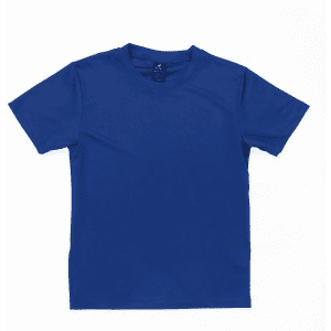 A blue youth tee featuring a crew neckline and short sleeves, with a logo on the label.