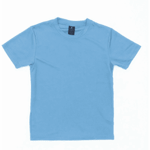 A light blue youth tee with a round neckline and short sleeves, featuring a branding label in the neck area.