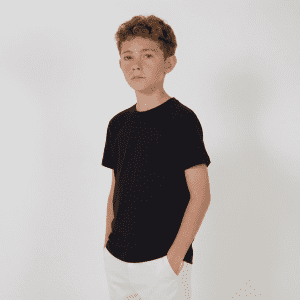 A youth essential tee in black, featuring a classic crew neck and short sleeves, displayed on a model.