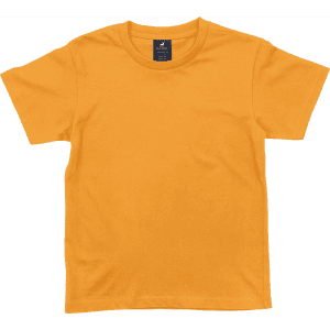 An orange youth T-shirt with a round neck and short sleeves, featuring a brand logo on the label.