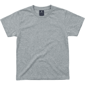 A grey youth essential tee with a crew neck and short sleeves, featuring a label inside the collar.