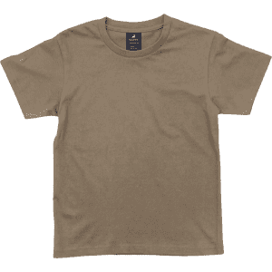 A plain brown T-shirt with a round neckline and short sleeves, featuring a label in the neck area.