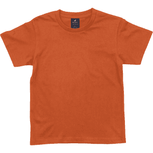 An orange youth t-shirt with a crew neck and short sleeves, featuring a logo on the neckline.