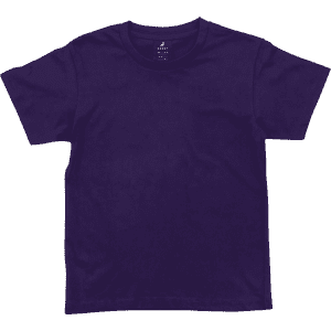 A purple youth T-shirt featuring a classic crew neck design and short sleeves, with a logo on the tag.