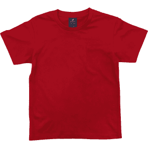 A red youth surf tee with a classic crew neck and short sleeves, featuring a brand logo on the label.