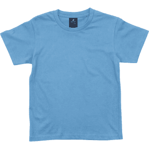 A light blue T-shirt with a round neckline and short sleeves, featuring a branded label.