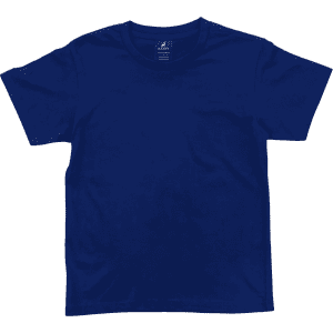 A navy blue youth t-shirt with a round neckline and short sleeves. It features a branding label inside the collar.
