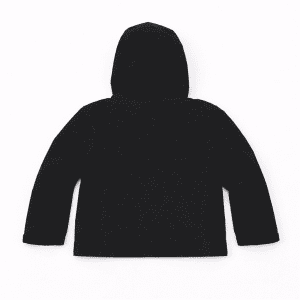 A black youth weather jacket with a hood, displayed from the back. Features a logo on the fabric.