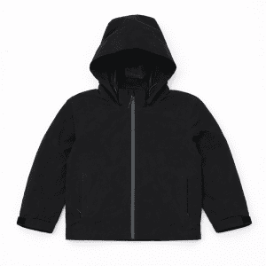 A black weather jacket with a hood and front zipper, featuring a simple and sleek design. It has a logo.