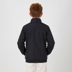 A youth weather jacket in black viewed from the back, featuring a sleek, minimal design and a collar.