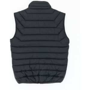 A black puffer vest with a quilted design and no sleeves, featuring a collar and a gathered hem.