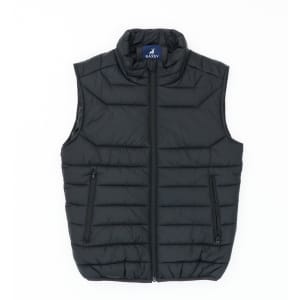 A black youth puffer vest featuring a zip front and side pockets, with a logo at the collar.