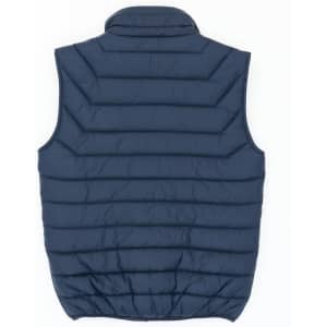 A navy blue puffer vest with quilted sections and a high collar, featuring a logo.