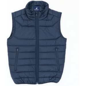 A navy blue youth puffer vest with a zip front and two side pockets, featuring a logo on the collar.