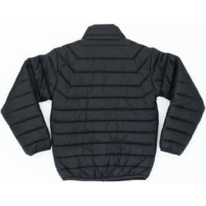 A black puffer jacket featuring a quilted design and a high collar, with a logo on the back.