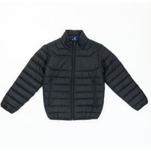 A black puffer jacket featuring a zip front and two side pockets, with a stand collar and ribbed cuffs.