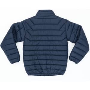 A navy puffer jacket with a quilted design and elastic cuffs, featuring a high collar and a logo on the back.