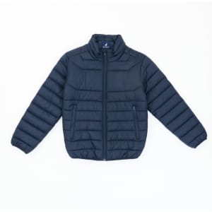 A navy blue puffer jacket with a zip front, stand collar, and two side pockets, featuring a logo.