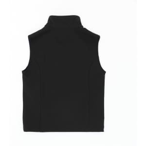 A black softshell vest with a high collar, featuring a smooth finish and a branded logo.