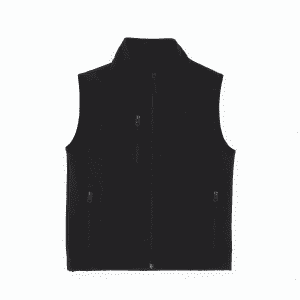 A black softshell vest with a zip front and zippered pockets, featuring a logo on one side.